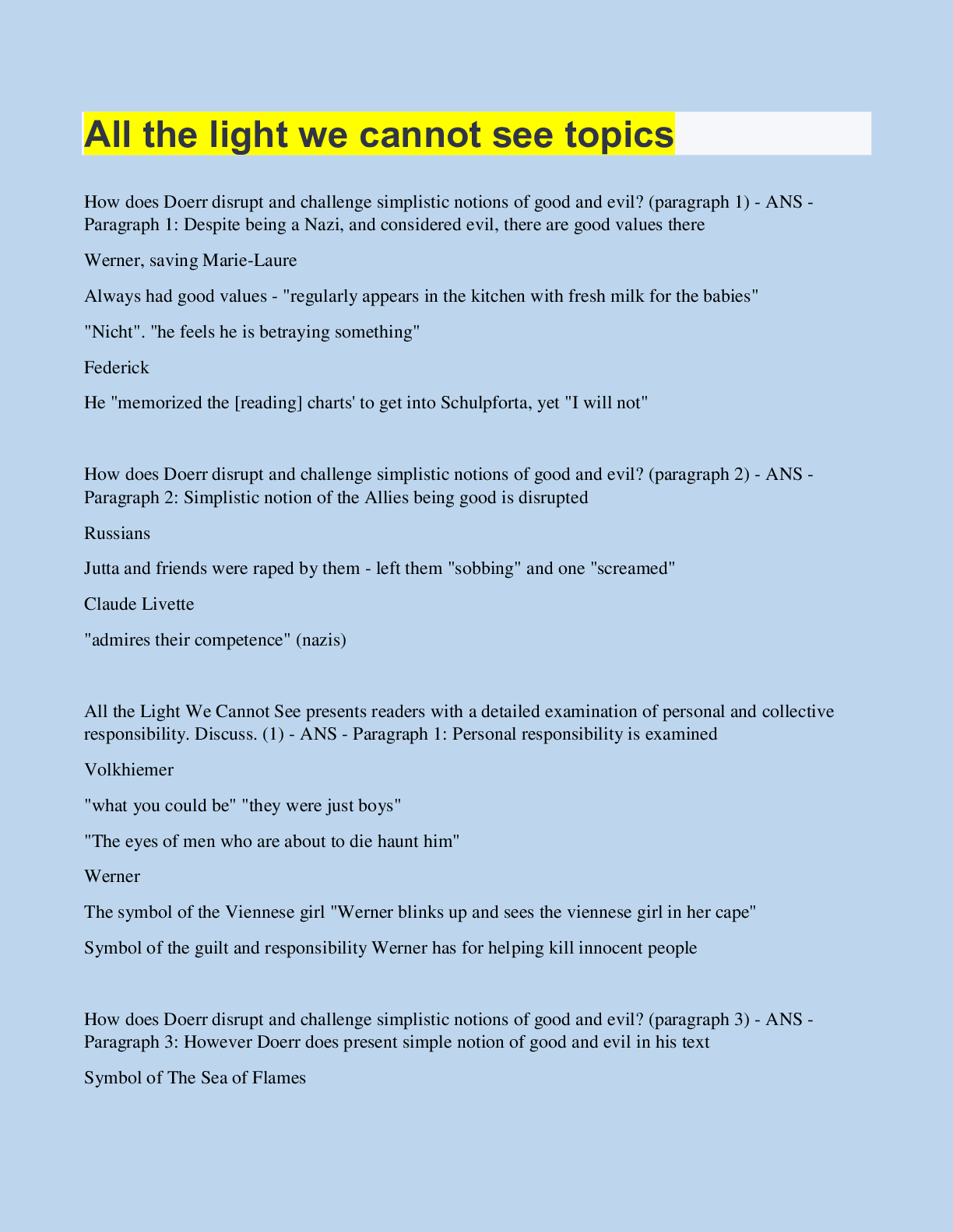 Preview image for All the light we cannot see topics | with Complete Solution